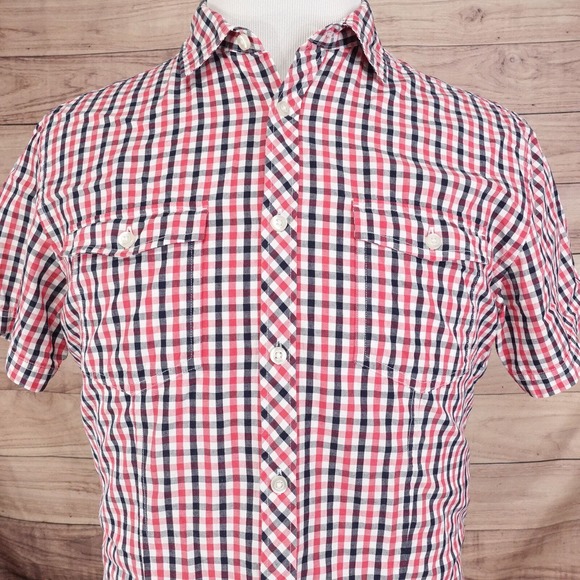 H&M SHORT SLEEVE RED BLACK CHECK BUTTON DOWN SHIRT MENS SZ M MEDIUM - Picture 1 of 7